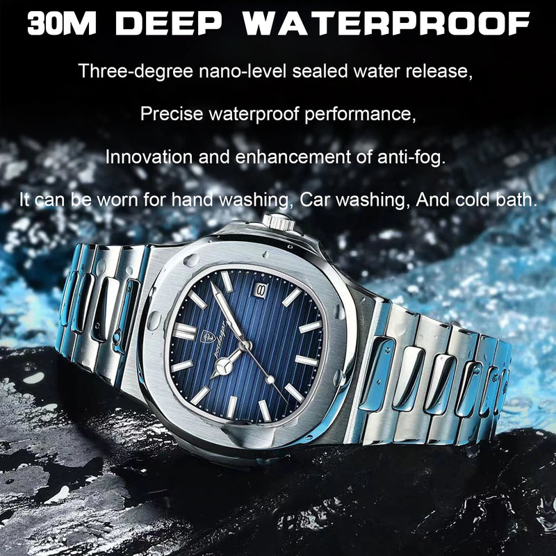 POEDAGAR Men’s Luxury Stainless-Steel Square Watch – Waterproof & Luminous Hands