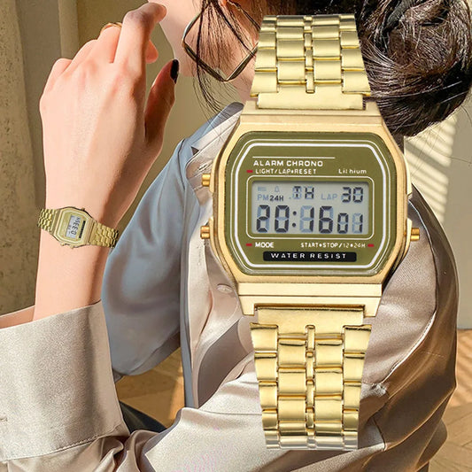 Vintage Digital Watch for Women – Retro Stainless Steel Luxury Wristwatch
